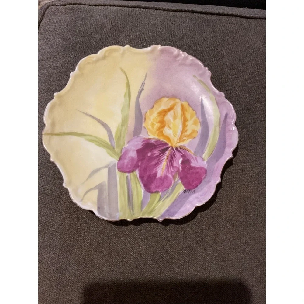Antique Limoges France Hand Painted Iris Plate Signed Marie Scalloped 8.5